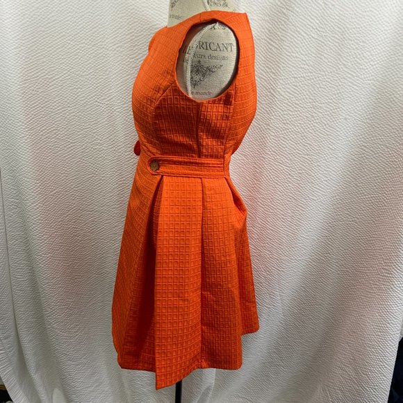 Modcloth 60's look A-Line Pleated Tangerine Orange Textured Lined Mini Dress - Picture 5 of 11
